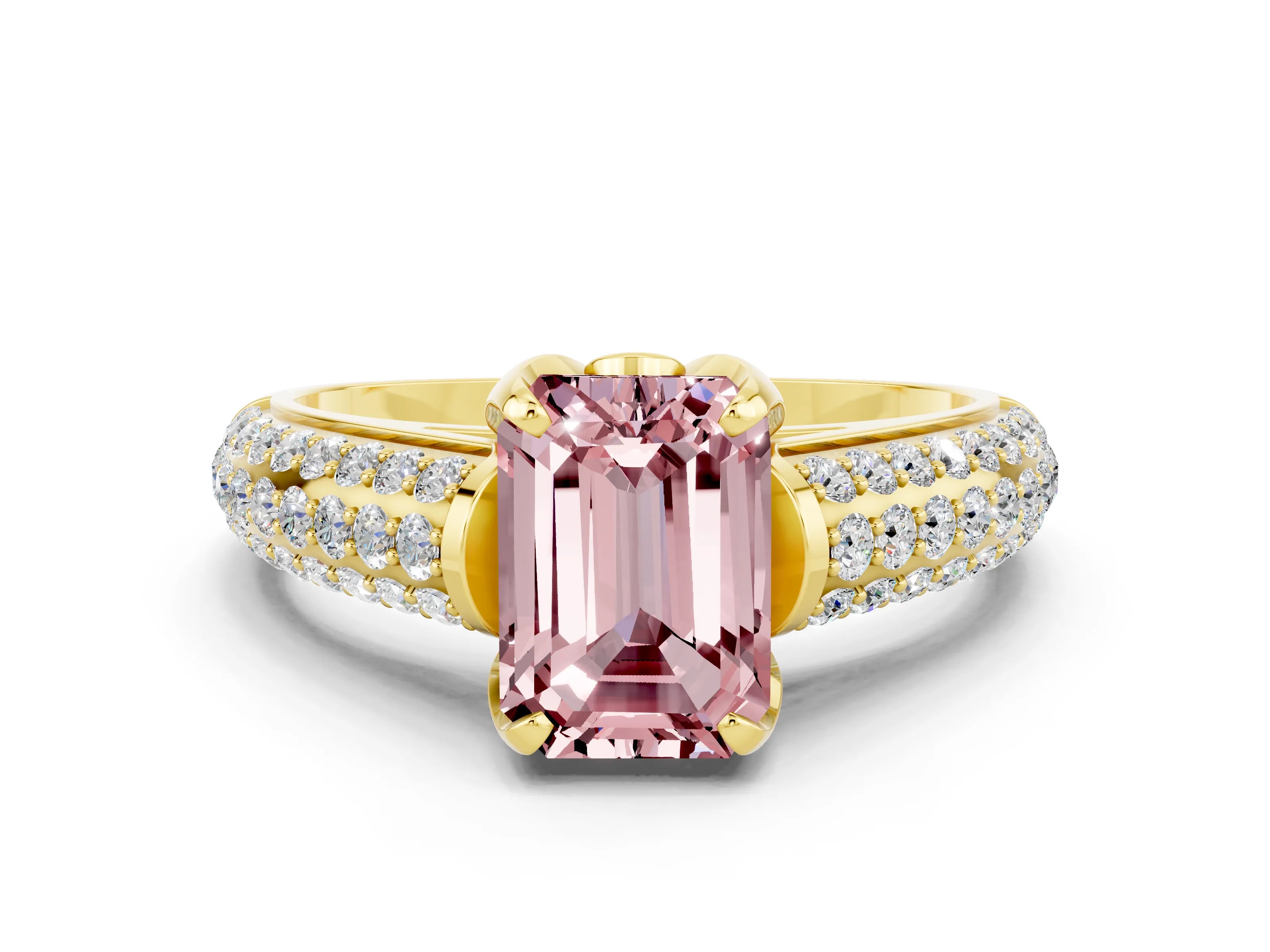 Yellow gold Emerald Cut Morganite Solitaire Ring with Three-Row Pavé Band and Four-Prong Setting_12