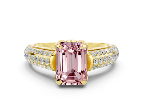 Yellow gold Emerald Cut Morganite Solitaire Ring with Three-Row Pavé Band and Four-Prong Setting_12