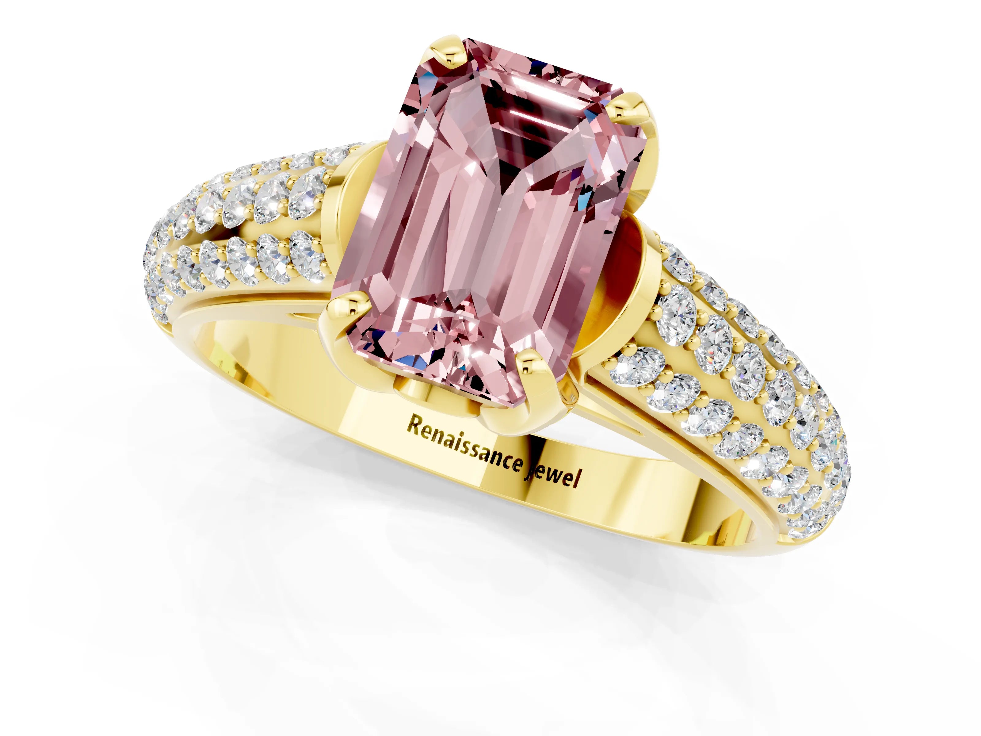 Yellow gold Emerald Cut Morganite Solitaire Ring with Three-Row Pavé Band and Four-Prong Setting_13