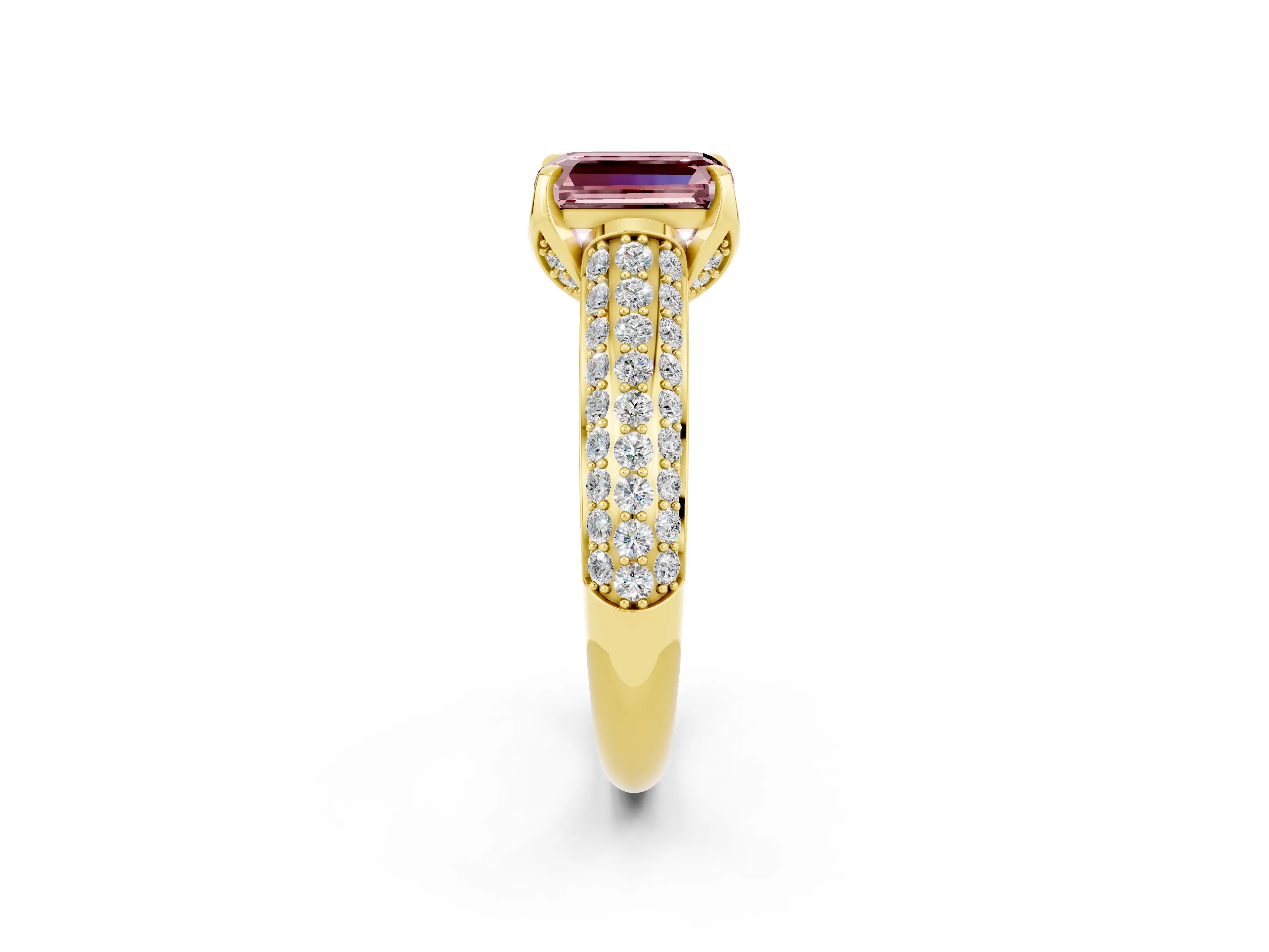 Yellow gold Emerald Cut Morganite Solitaire Ring with Three-Row Pavé Band and Four-Prong Setting_14