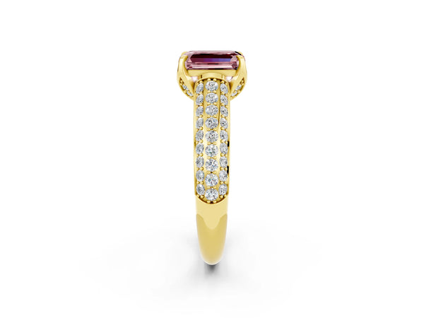 Yellow gold Emerald Cut Morganite Solitaire Ring with Three-Row Pavé Band and Four-Prong Setting