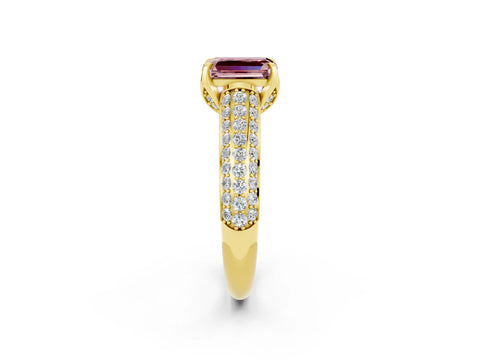 Yellow gold Emerald Cut Morganite Solitaire Ring with Three-Row Pavé Band and Four-Prong Setting_14