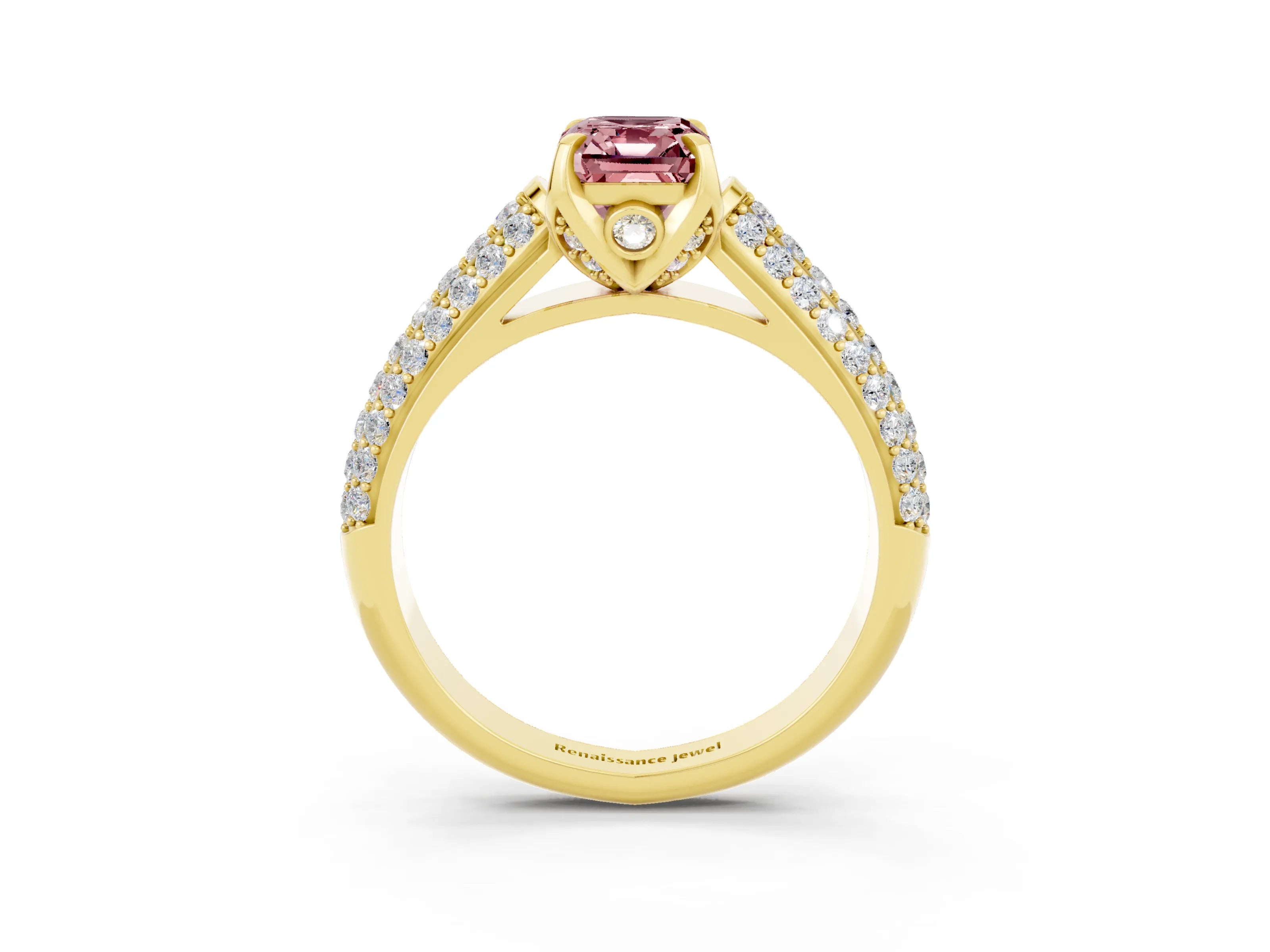 Yellow gold Emerald Cut Morganite Solitaire Ring with Three-Row Pavé Band and Four-Prong Setting_15