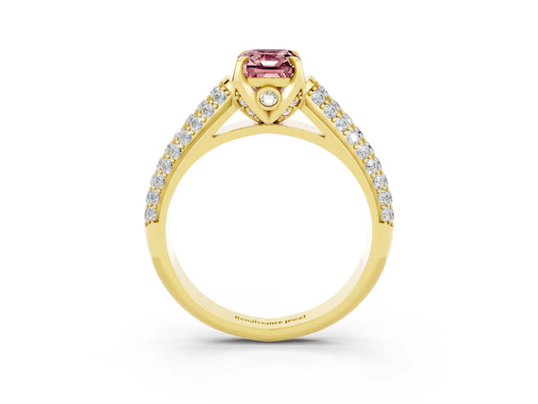 Yellow gold Emerald Cut Morganite Solitaire Ring with Three-Row Pavé Band and Four-Prong Setting