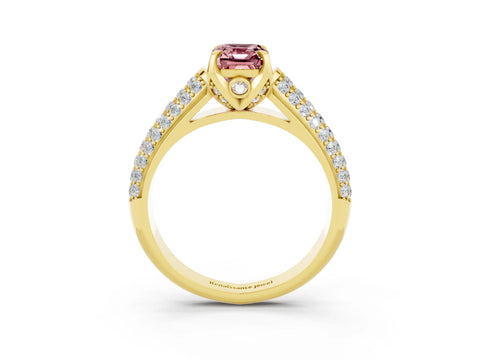 Yellow gold Emerald Cut Morganite Solitaire Ring with Three-Row Pavé Band and Four-Prong Setting_15
