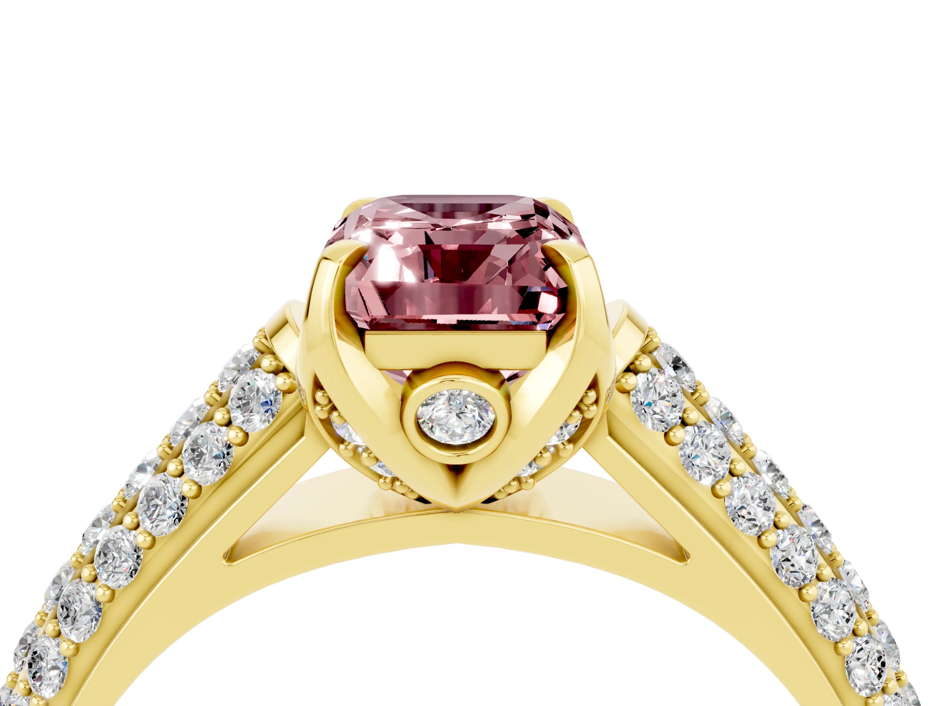 Yellow gold Emerald Cut Morganite Solitaire Ring with Three-Row Pavé Band and Four-Prong Setting_16