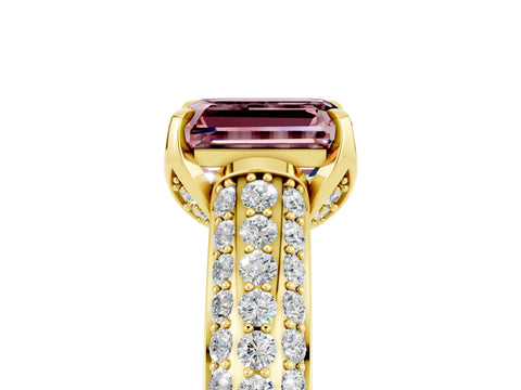 Yellow gold Emerald Cut Morganite Solitaire Ring with Three-Row Pavé Band and Four-Prong Setting_17