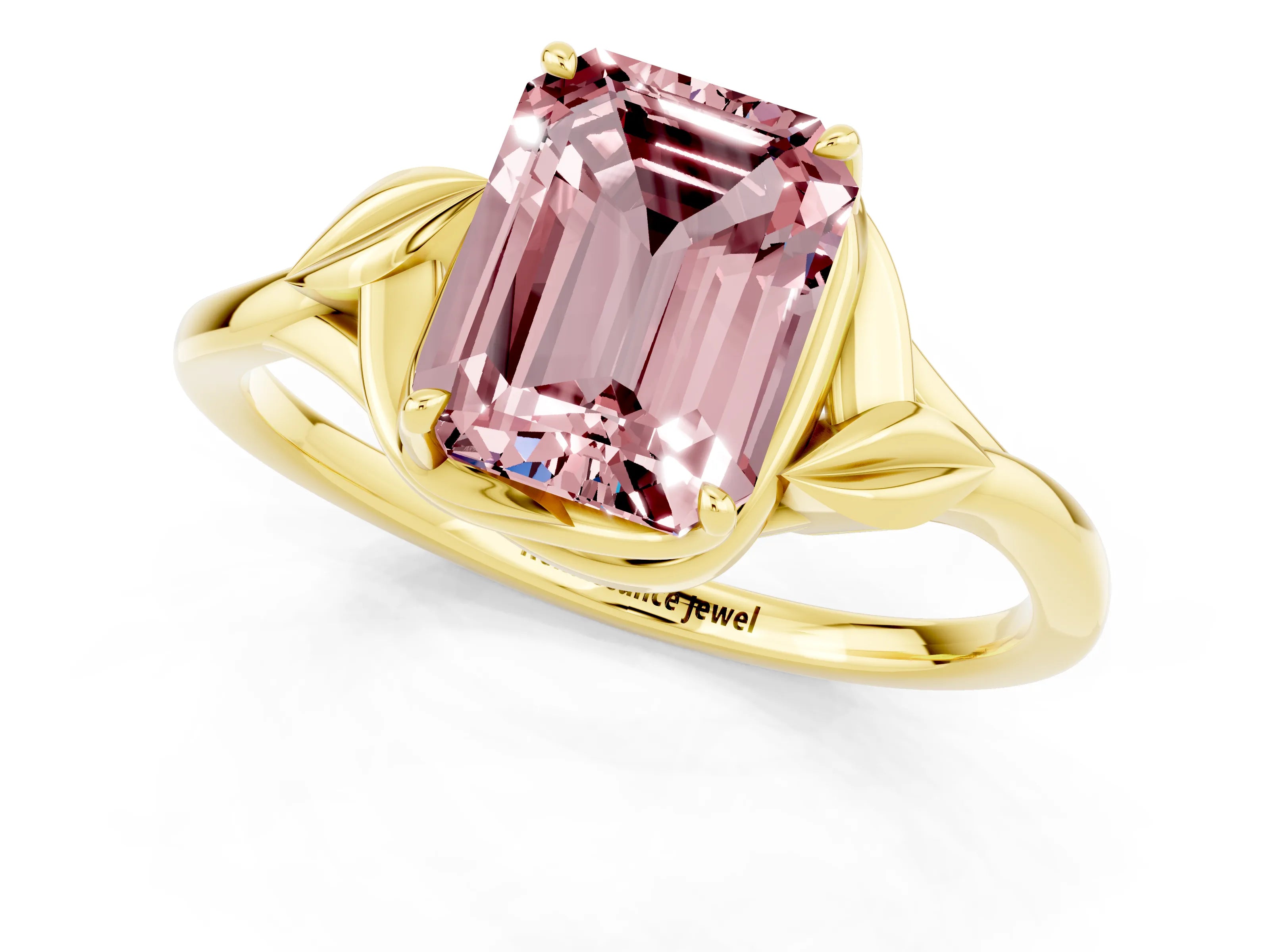 Yellow gold Emerald Cut Morganite Solitaire Ring with Twist Band and Four-Prong Setting_25