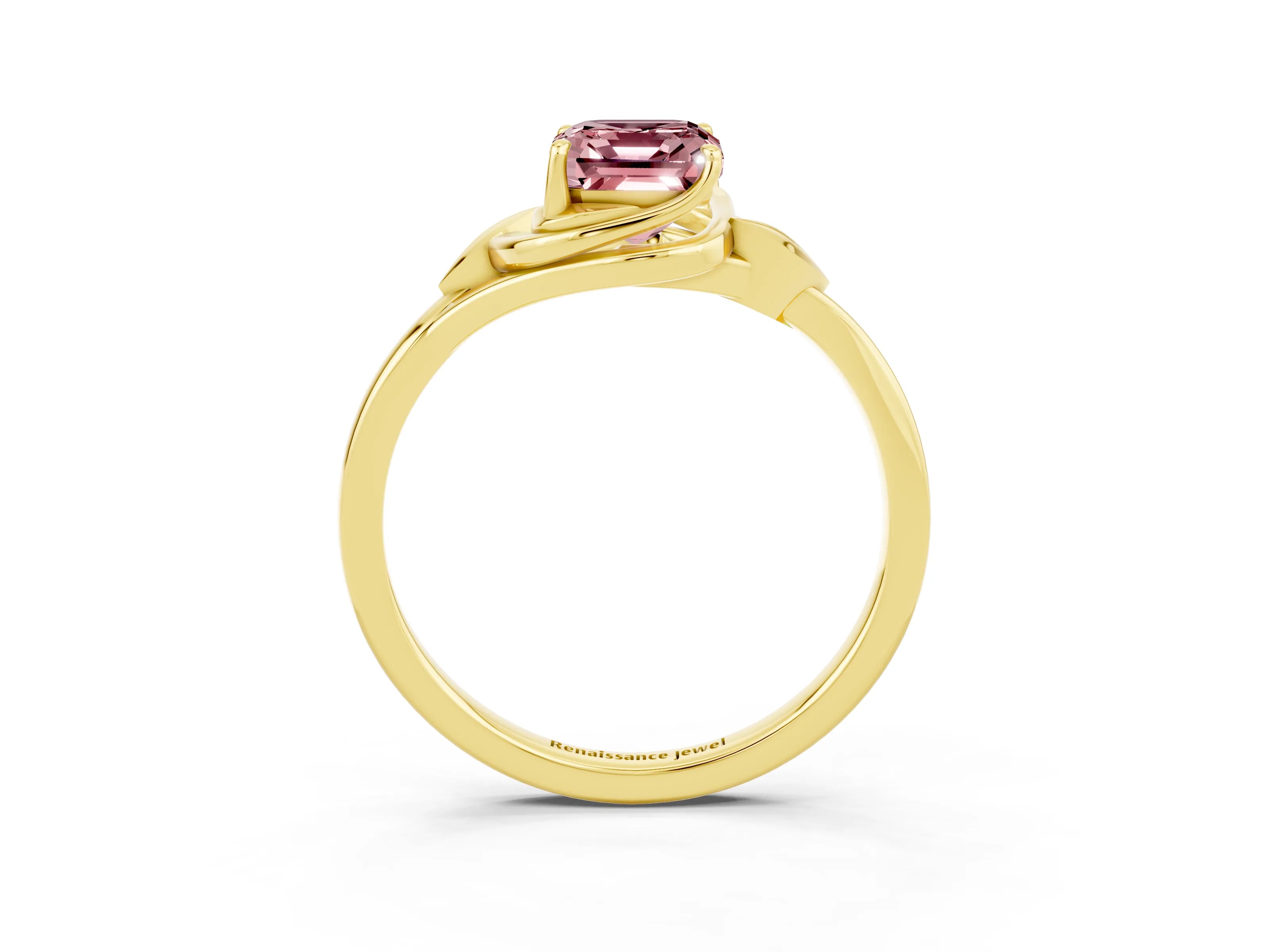 Yellow gold Emerald Cut Morganite Solitaire Ring with Twist Band and Four-Prong Setting_27