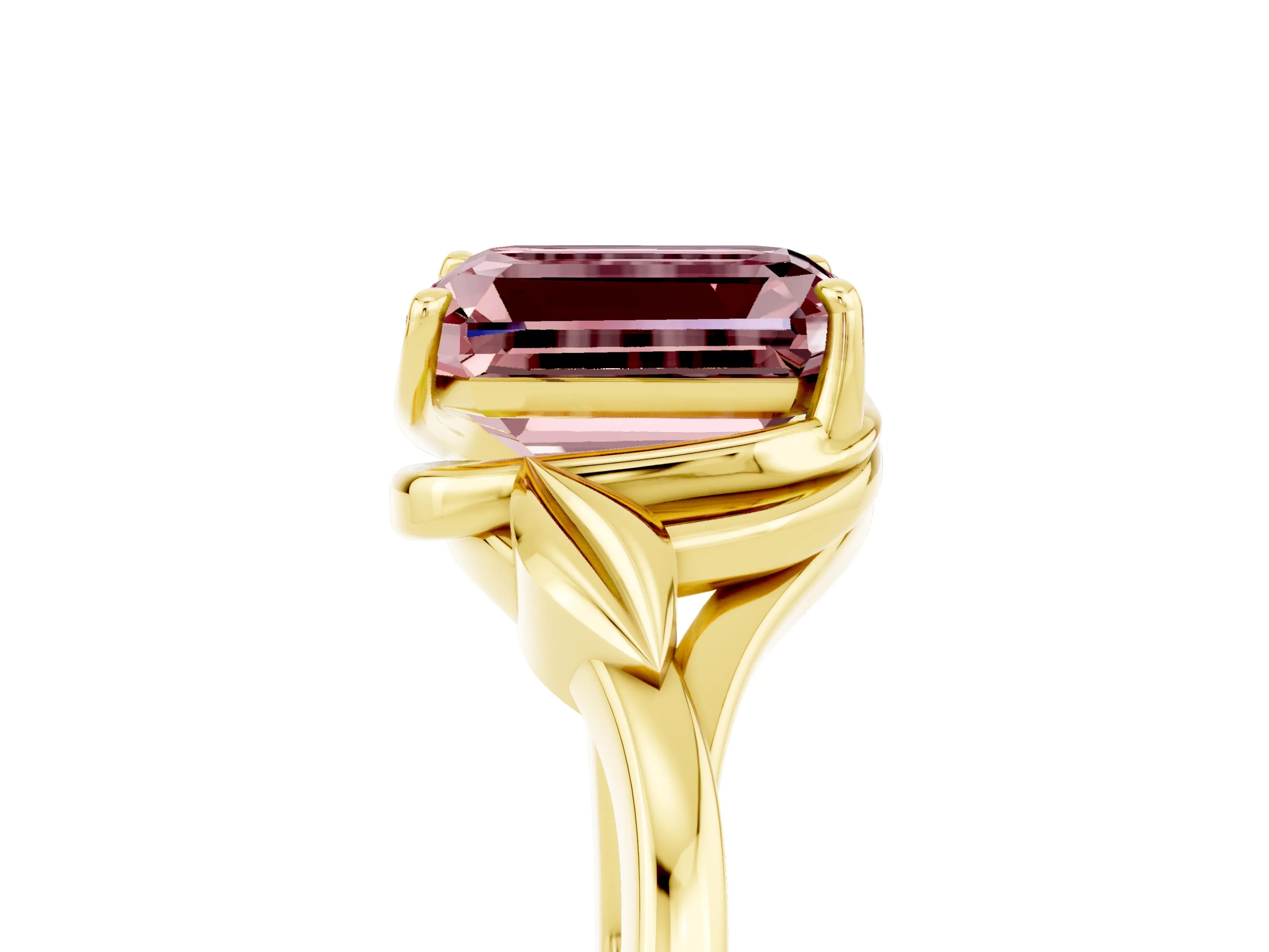 Yellow gold Emerald Cut Morganite Solitaire Ring with Twist Band and Four-Prong Setting_29