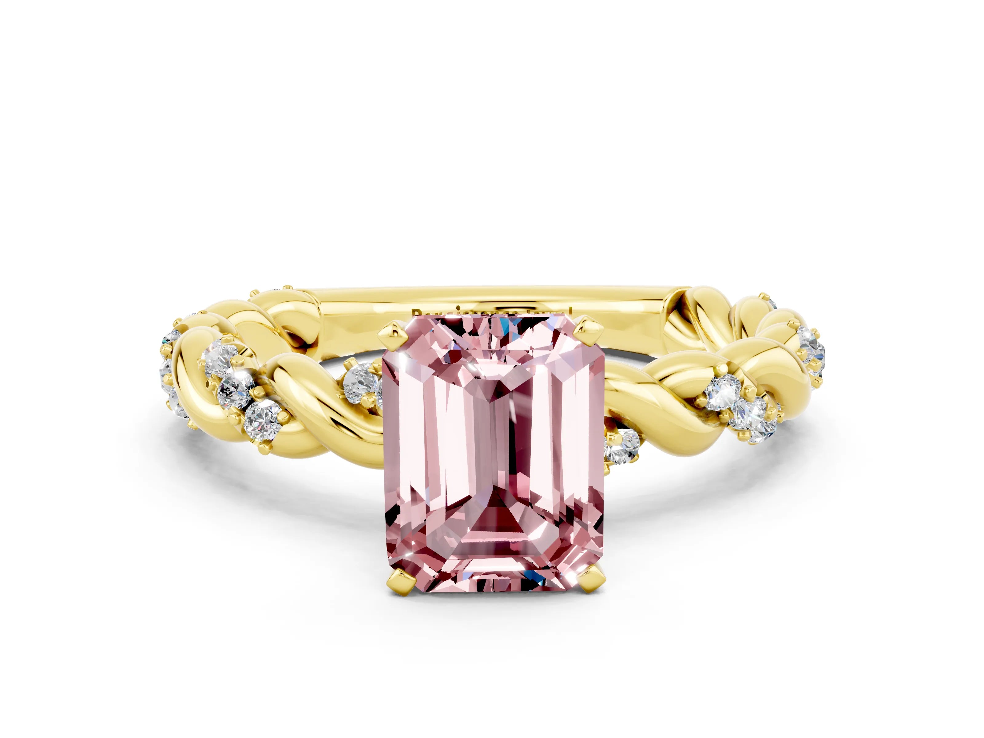 Yellow gold Emerald Cut Morganite Solitaire Ring with Twisted Band and Pavé Accents