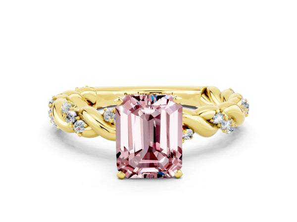 Yellow gold Emerald Cut Morganite Solitaire Ring with Twisted Band and Pavé Accents