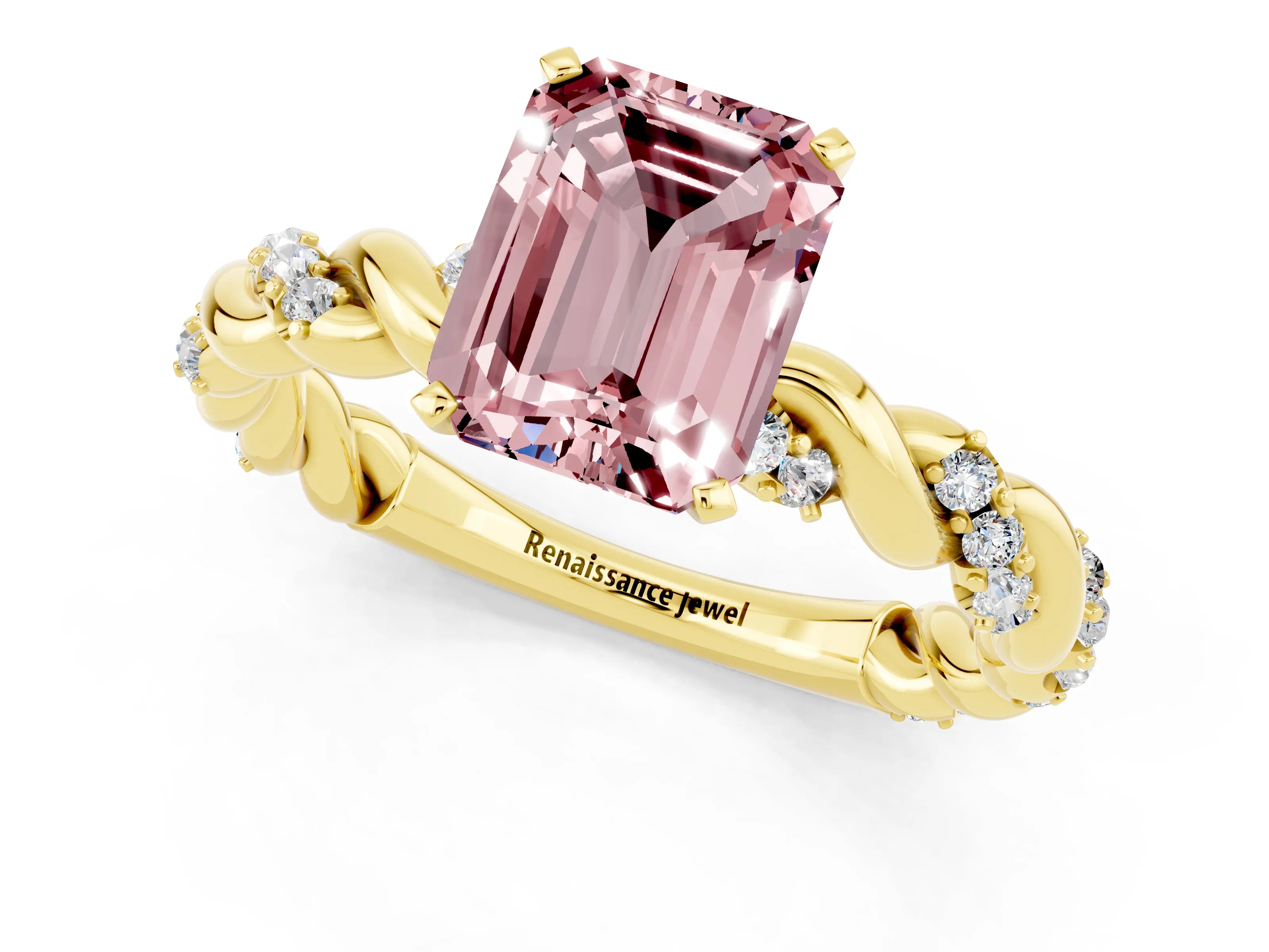 Yellow gold Emerald Cut Morganite Solitaire Ring with Twisted Band and Pavé Accents_1