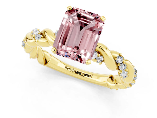Yellow gold Emerald Cut Morganite Solitaire Ring with Twisted Band and Pavé Accents
