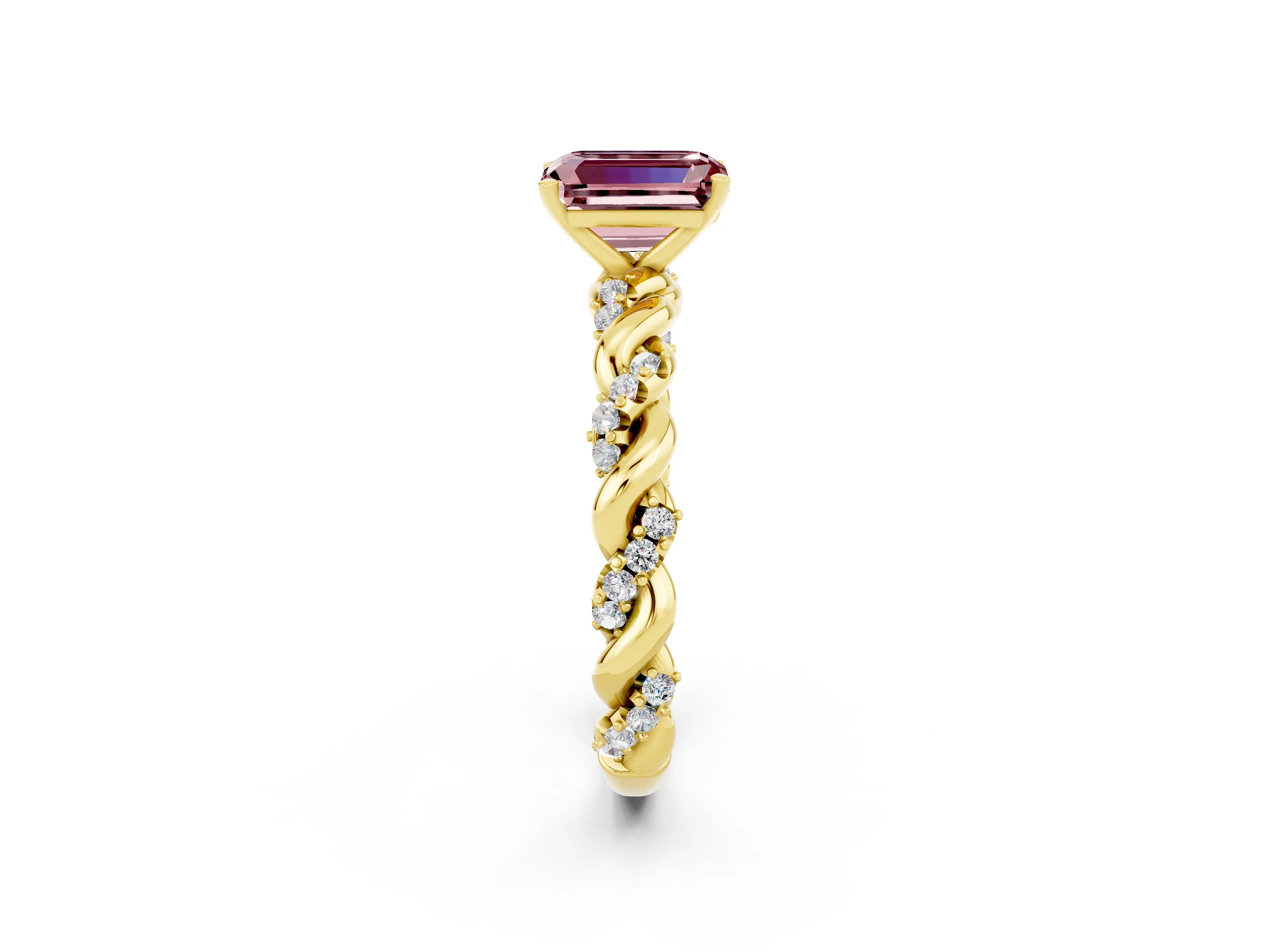 Yellow gold Emerald Cut Morganite Solitaire Ring with Twisted Band and Pavé Accents_2