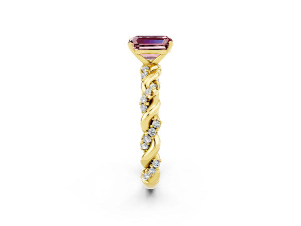 Yellow gold Emerald Cut Morganite Solitaire Ring with Twisted Band and Pavé Accents