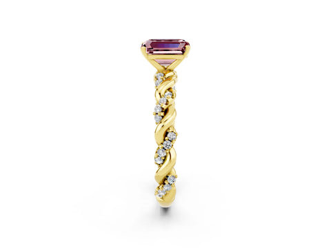 Yellow gold Emerald Cut Morganite Solitaire Ring with Twisted Band and Pavé Accents_2