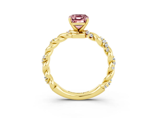 Yellow gold Emerald Cut Morganite Solitaire Ring with Twisted Band and Pavé Accents