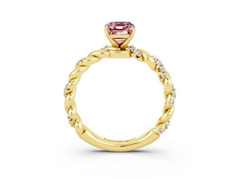 Yellow gold Emerald Cut Morganite Solitaire Ring with Twisted Band and Pavé Accents_3