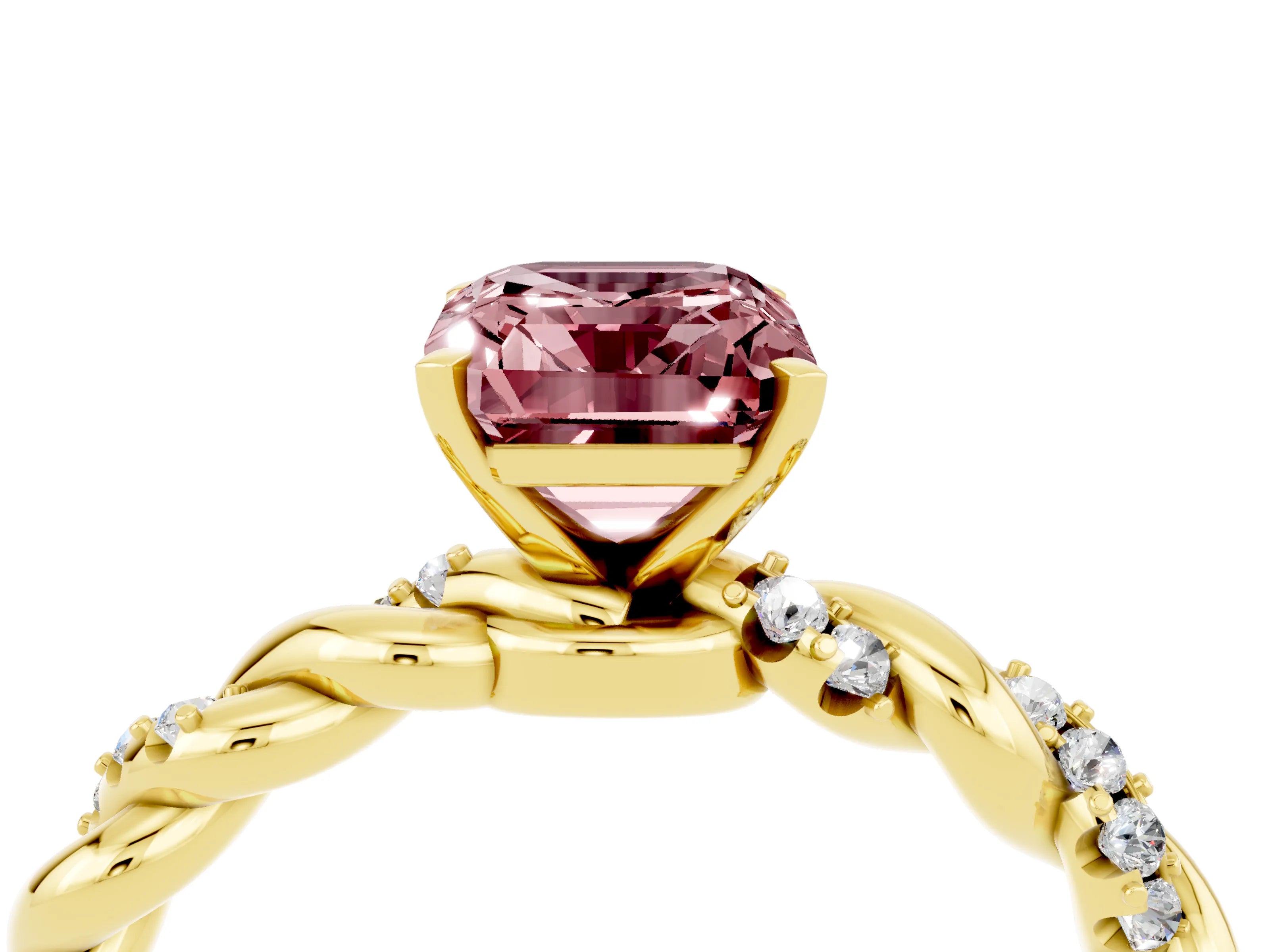 Yellow gold Emerald Cut Morganite Solitaire Ring with Twisted Band and Pavé Accents_4