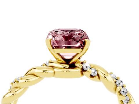 Yellow gold Emerald Cut Morganite Solitaire Ring with Twisted Band and Pavé Accents_4
