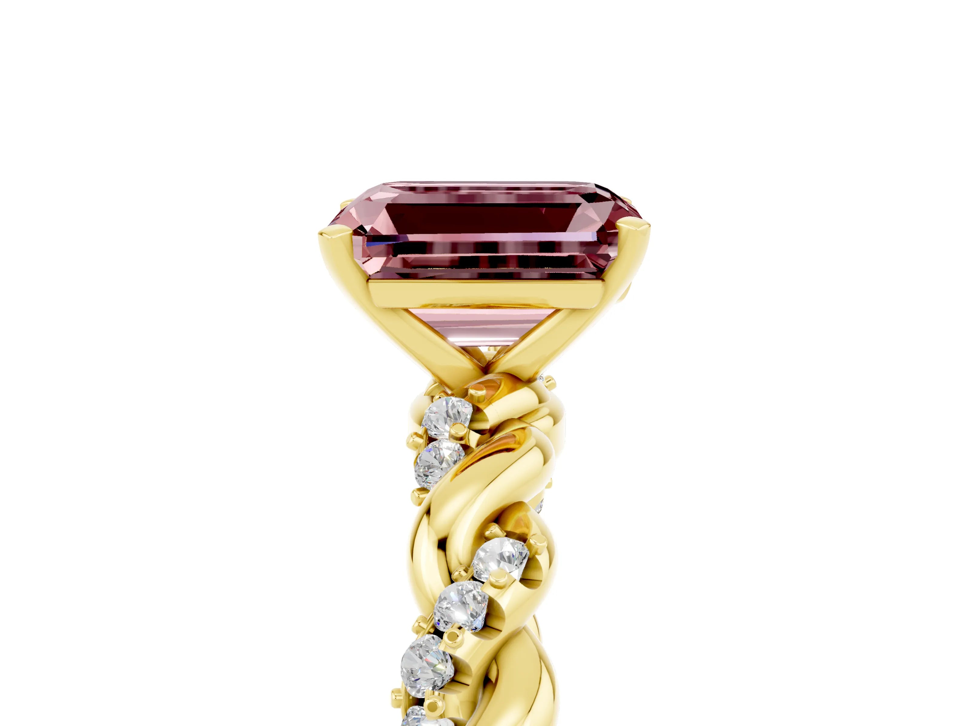 Yellow gold Emerald Cut Morganite Solitaire Ring with Twisted Band and Pavé Accents_5