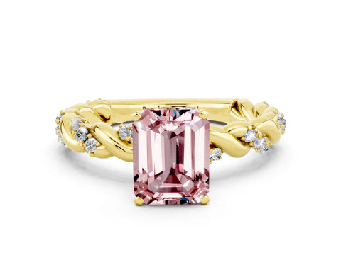 Yellow gold Emerald Cut Morganite Solitaire Ring with Twisted Band and Pavé Accents