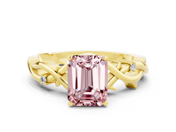 Yellow gold Emerald Cut Morganite Solitaire Ring with Twisted Band and Prong Setting