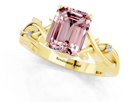 Yellow gold Emerald Cut Morganite Solitaire Ring with Twisted Band and Prong Setting_1