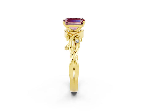 Yellow gold Emerald Cut Morganite Solitaire Ring with Twisted Band and Prong Setting_2