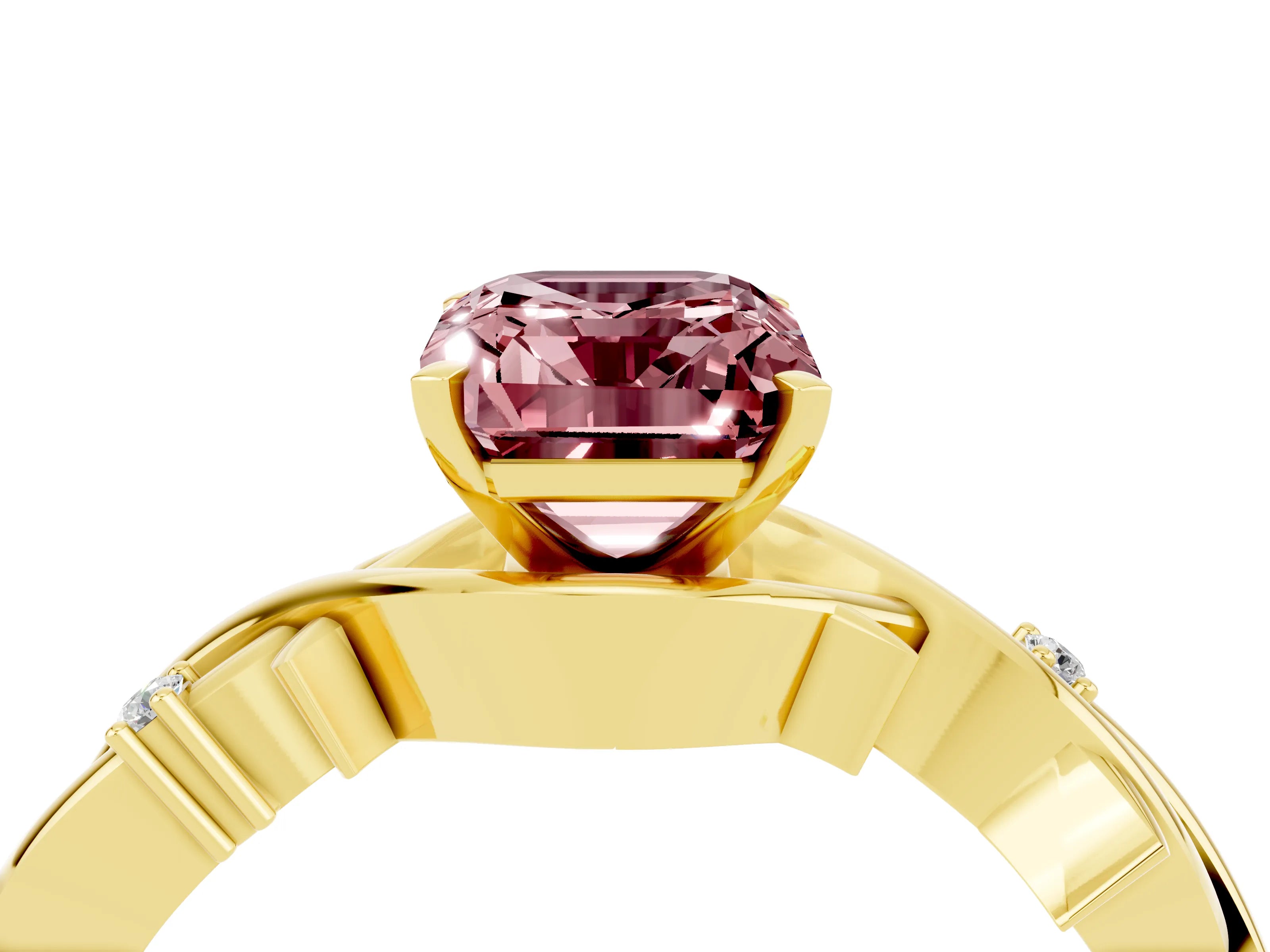 Yellow gold Emerald Cut Morganite Solitaire Ring with Twisted Band and Prong Setting_4