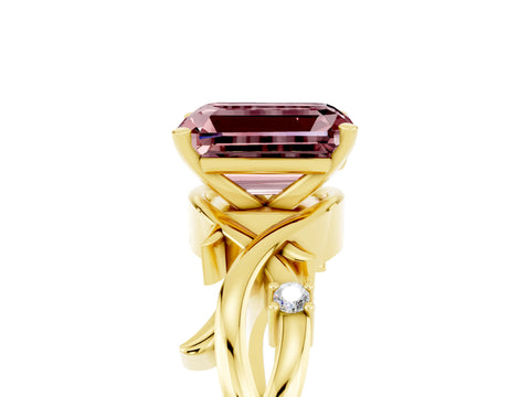 Yellow gold Emerald Cut Morganite Solitaire Ring with Twisted Band and Prong Setting_5