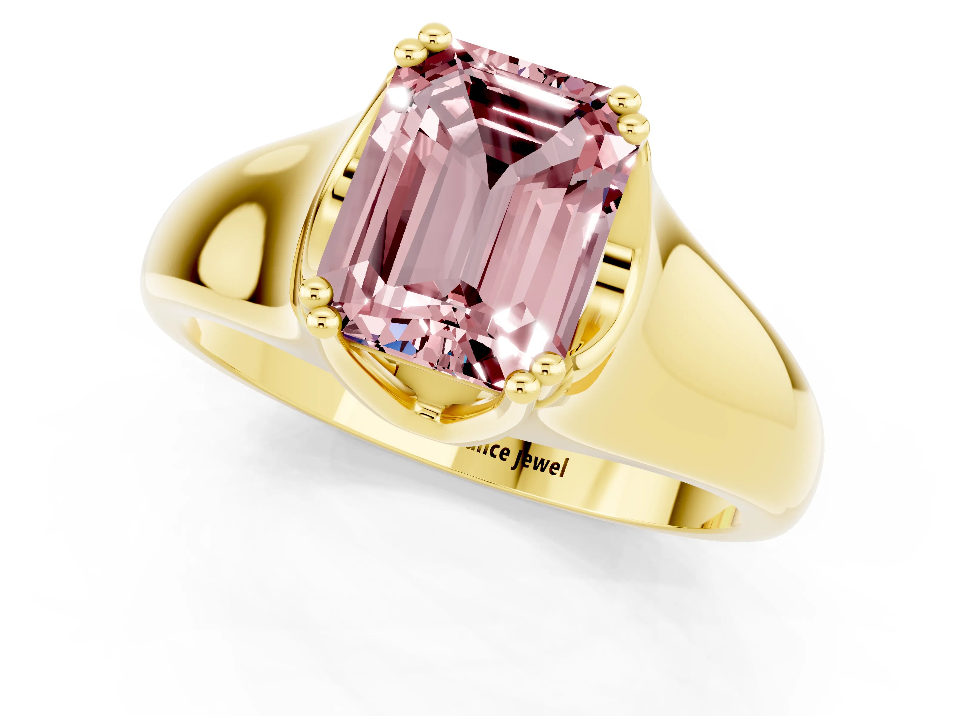 Yellow gold Emerald Cut Morganite Solitaire Ring with Wide Band and Prong Setting_1