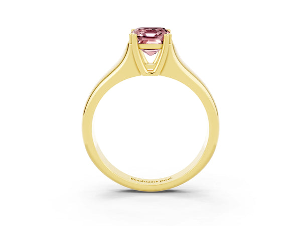 Yellow gold Emerald Cut Morganite Solitaire Ring with Wide Band and Prong Setting