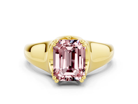 Yellow gold Emerald Cut Morganite Solitaire Ring with Wide Band and Prong Setting