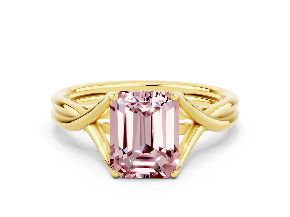 Yellow gold Emerald Cut Morganite Solitaire Twist Band Prong Setting Ring_36