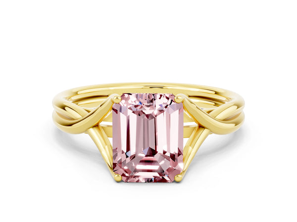 Yellow gold Emerald Cut Morganite Solitaire Twist Band Prong Setting Ring