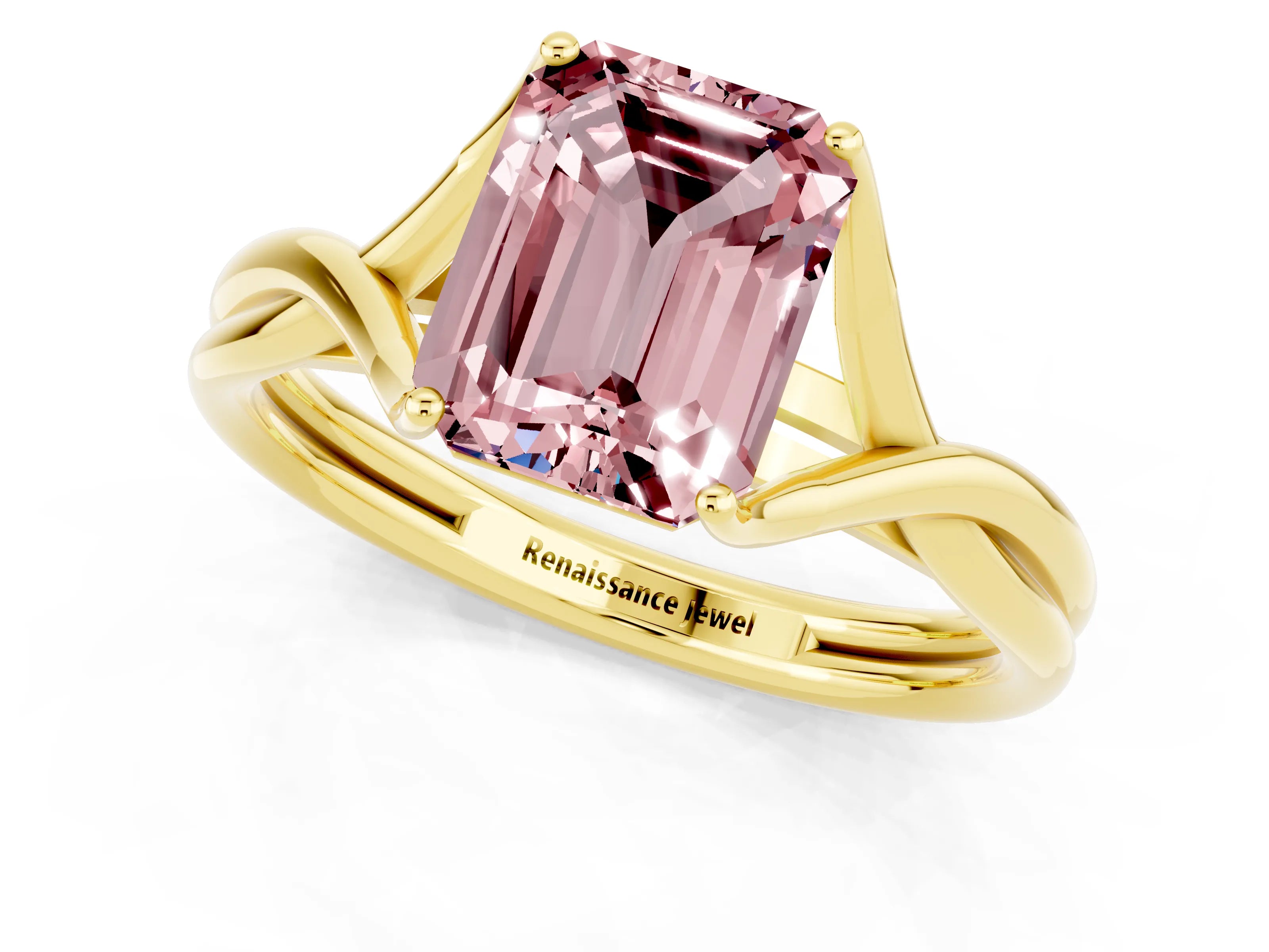 Yellow gold Emerald Cut Morganite Solitaire Twist Band Prong Setting Ring_37