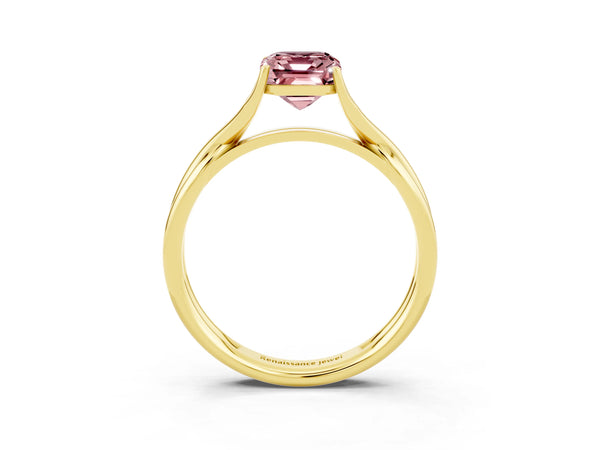 Yellow gold Emerald Cut Morganite Solitaire Twist Band Prong Setting Ring