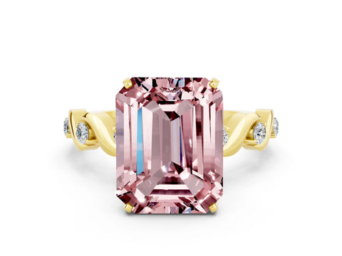 Yellow gold Emerald Cut Morganite Solitaire Twisted Band with Round  Accents and Prong Setting_12