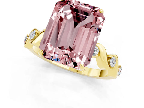 Yellow gold Emerald Cut Morganite Solitaire Twisted Band with Round  Accents and Prong Setting_13