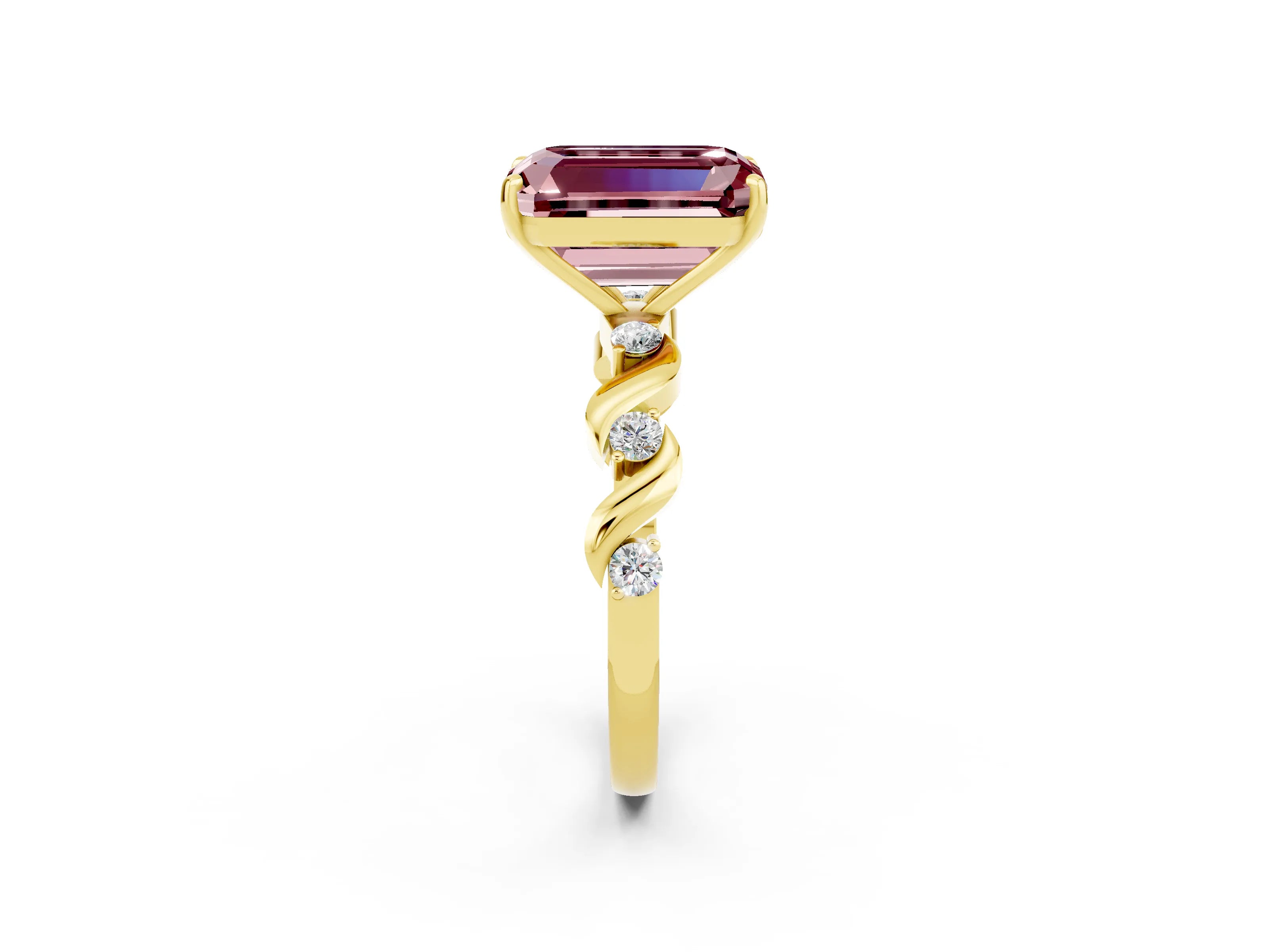 Yellow gold Emerald Cut Morganite Solitaire Twisted Band with Round  Accents and Prong Setting_14