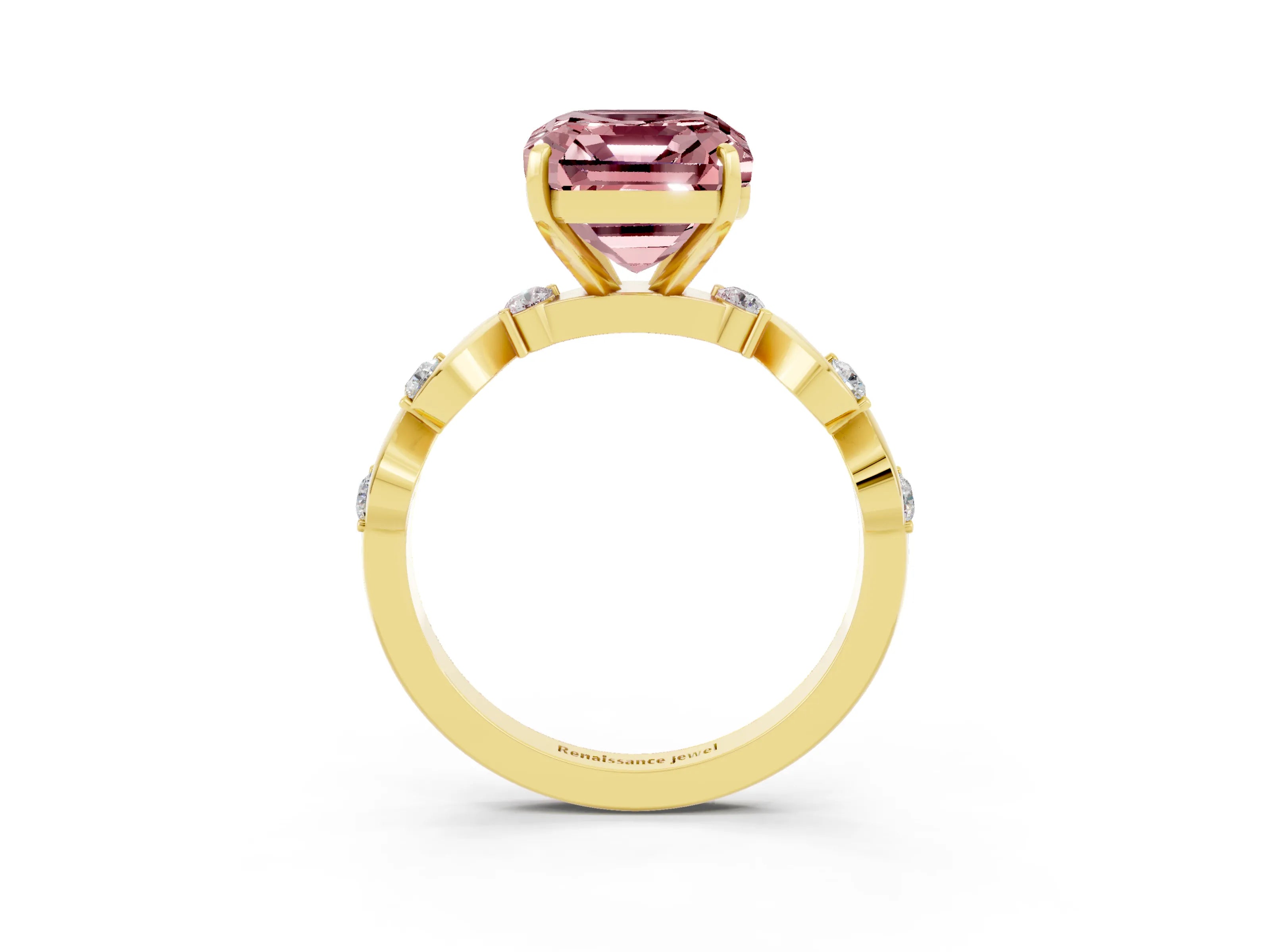 Yellow gold Emerald Cut Morganite Solitaire Twisted Band with Round  Accents and Prong Setting_15