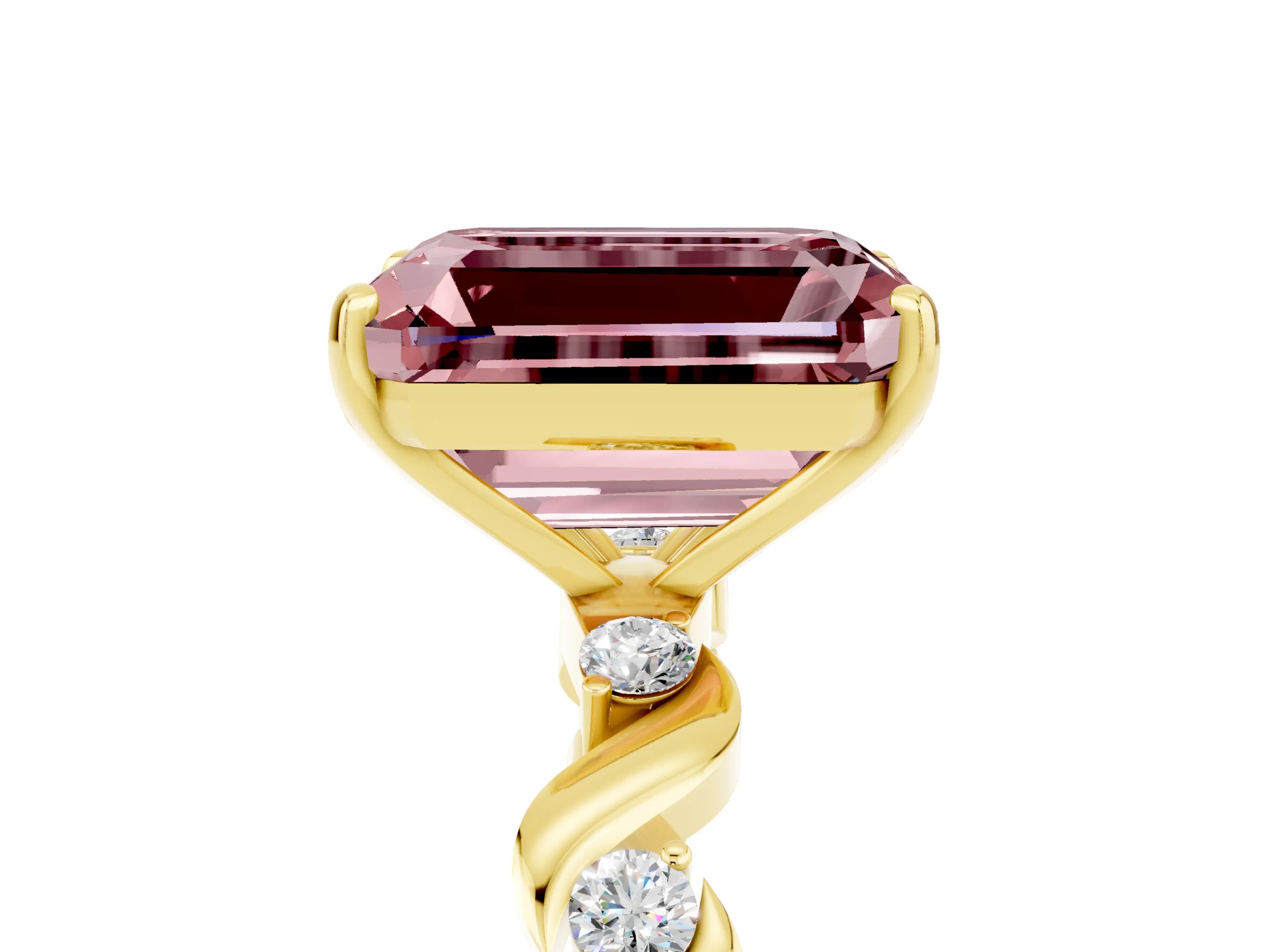 Yellow gold Emerald Cut Morganite Solitaire Twisted Band with Round  Accents and Prong Setting_17