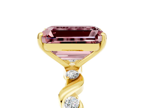 Yellow gold Emerald Cut Morganite Solitaire Twisted Band with Round  Accents and Prong Setting_17