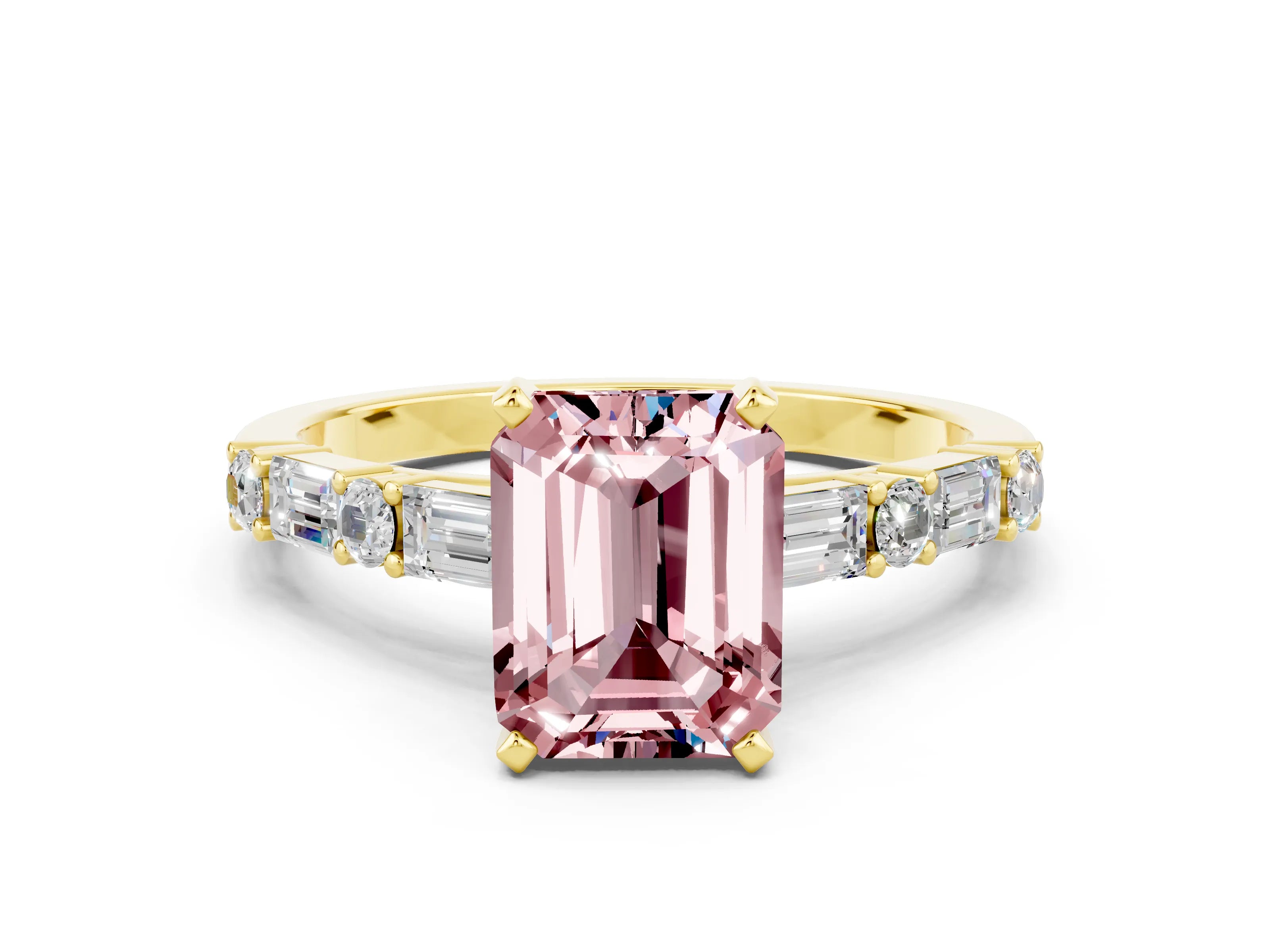 Yellow gold Emerald Cut Morganite Solitaire with Side Baguettes and Channel Set Band