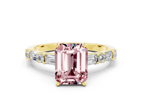 Yellow gold Emerald Cut Morganite Solitaire with Side Baguettes and Channel Set Band