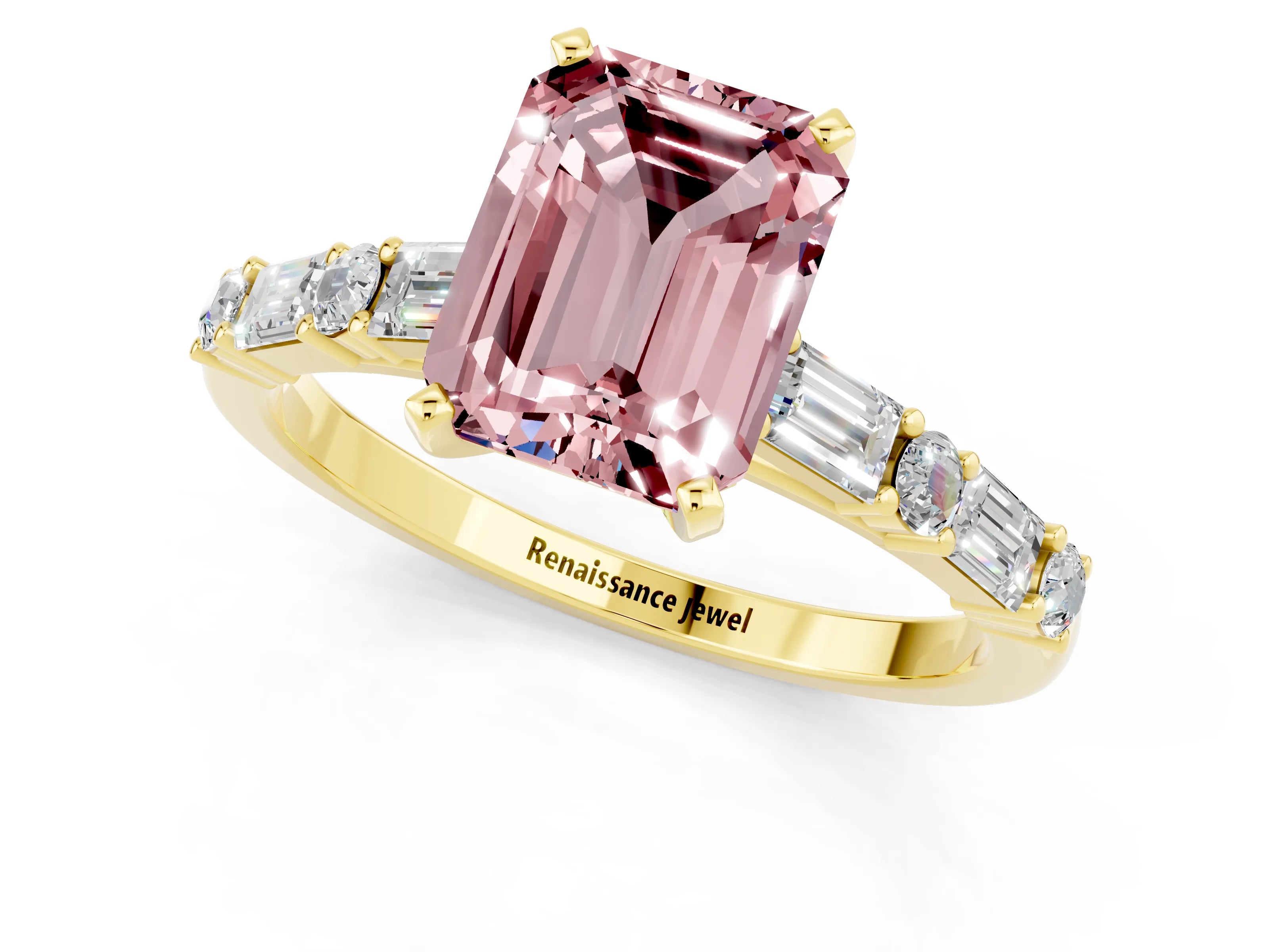 Yellow gold Emerald Cut Morganite Solitaire with Side Baguettes and Channel Set Band_1