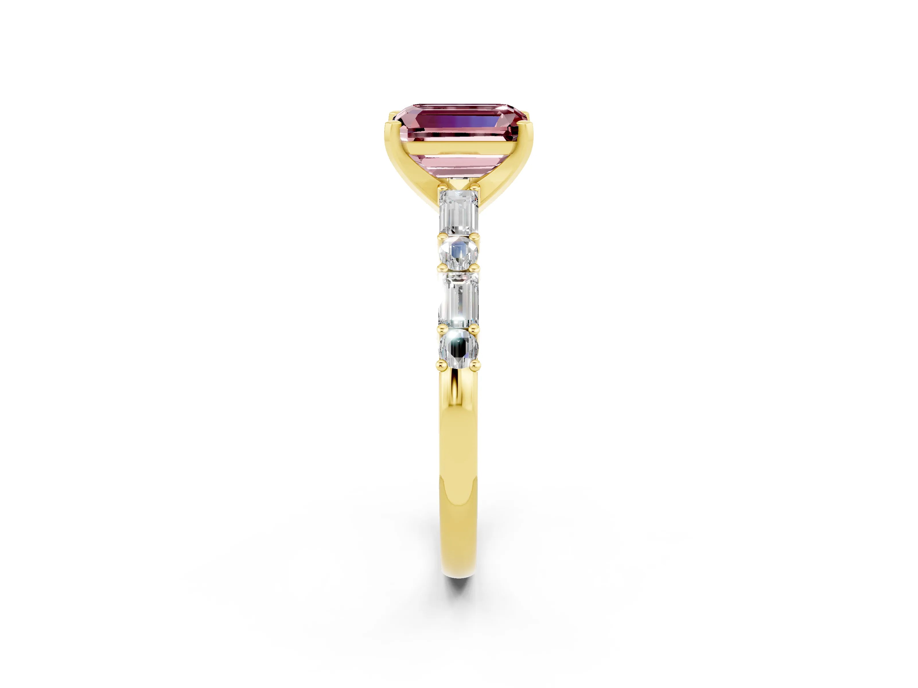 Yellow gold Emerald Cut Morganite Solitaire with Side Baguettes and Channel Set Band_2