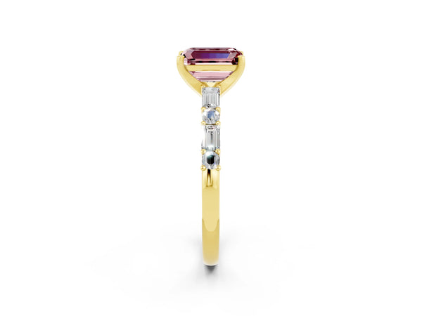 Yellow gold Emerald Cut Morganite Solitaire with Side Baguettes and Channel Set Band
